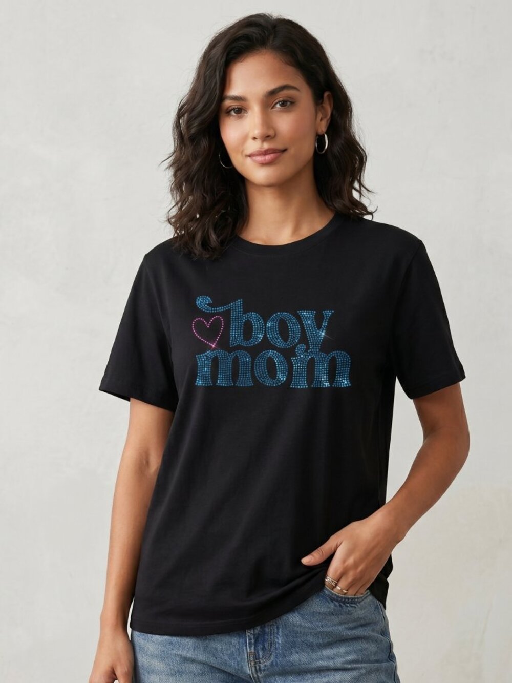 "Boy Mom" Rhinestone Graphic Tee | Teal & Magenta Sparkle | Onyx Black | Small